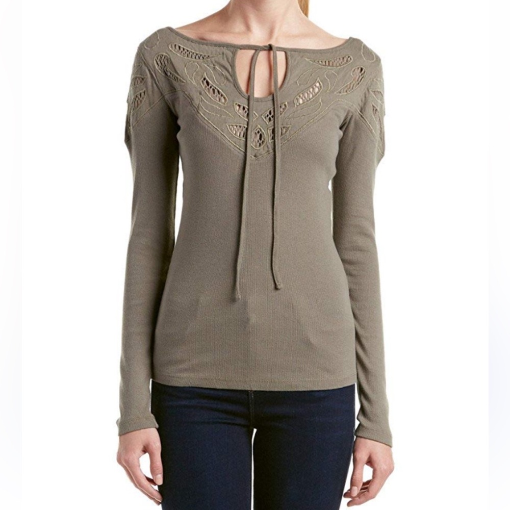 Free People With Love Lace Embroidered Long Sleeve Blouse in Olive Green Tan